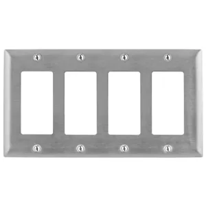 HUBBELL WIRING DEVICE-KELLEMS SS264 Wallplate, 4-Gang, 4 Gfci Openings, Standard Size, Stainless Steel | BD3HUX