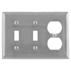 HUBBELL WIRING DEVICE-KELLEMS SS28 Wallplate, 3-Gang, 2 Toggle, 1 Duplex Opening, Standard Size, Stainless Steel | BC9QDY