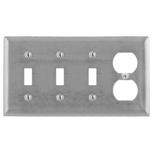 HUBBELL WIRING DEVICE-KELLEMS SS38 Wallplate, 4-Gang, 3 Toggle, 1 Duplex Opening, Standard Size, Stainless Steel | BC9TXW