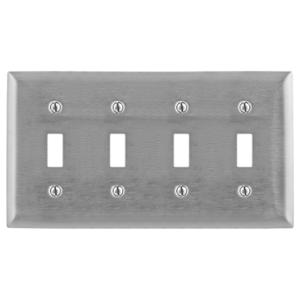 HUBBELL WIRING DEVICE-KELLEMS SS4 Wallplate, 4-Gang, 4 Toggle Openings, Standard Size, Stainless Steel | BC9GNR