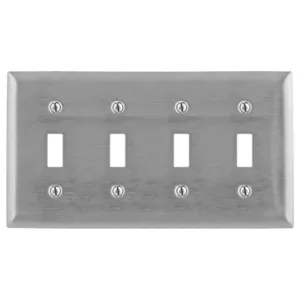 HUBBELL WIRING DEVICE-KELLEMS SS4 Wallplate, 4-Gang, 4 Toggle Openings, Standard Size, Stainless Steel | BC9GNR