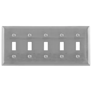 HUBBELL WIRING DEVICE-KELLEMS SS5 Wallplate, 5-Gang, 5 Toggle Openings, Standard Size, Stainless Steel | BD2JJL