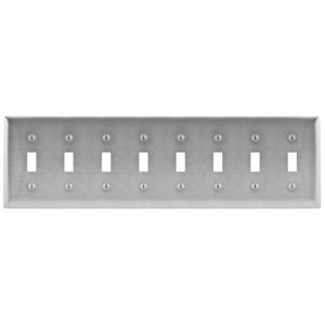 HUBBELL WIRING DEVICE-KELLEMS SS608 Wallplate, 8-Gang, 8 Toggle Openings, Standard Size, Stainless Steel | BD4WQZ