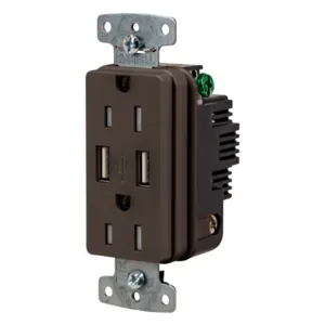 HUBBELL WIRING DEVICE-KELLEMS USB15A Usb Receptacle, 15A 125V, 2-P 3-W Grounding, 5-15R, Two 3.1 A Usb Port, Brown | CE6QLM