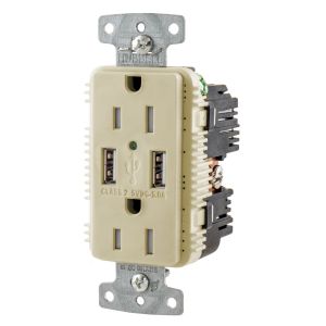 HUBBELL WIRING DEVICE-KELLEMS USB15A5I USB Charger Receptacle, Commercial, Decorator Duplex, Flush Mount, 15A | BD4NDH 437K39