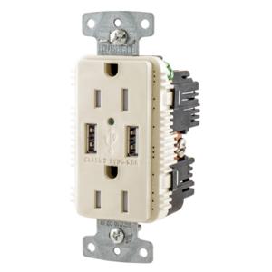 HUBBELL WIRING DEVICE-KELLEMS USB15A5LA Usb Receptacle, 15A 125V, 2-P 3-W Grounding, 5-15R, Two 5A Usb Port, La | BD3YFR