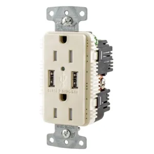 HUBBELL WIRING DEVICE-KELLEMS USB15A5LA Usb Receptacle, 15A 125V, 2-P 3-W Grounding, 5-15R, Two 5A Usb Port, La | BD3YFR