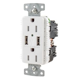 HUBBELL WIRING DEVICE-KELLEMS USB15A5W USB Charger Receptacle, Commercial, Decorator Duplex, Flush Mount, 15A | BD4MML 437K40