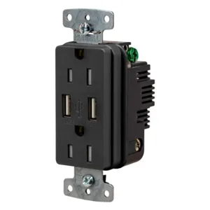 HUBBELL WIRING DEVICE-KELLEMS USB15ABK Usb Receptacle, 15A 125V, 2-P 3-W Grounding, 5-15R, Two 3.1 A Usb Port, Brown | CE6QLN