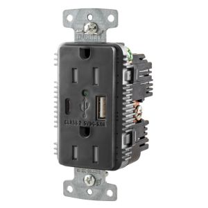 HUBBELL WIRING DEVICE-KELLEMS USB15AC5BK USB Charger Receptacle, Commercial, Decorator Duplex, Flush Mount, 15A | BD3WJY 437K61
