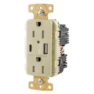 HUBBELL WIRING DEVICE-KELLEMS USB15AC5IWR Usb Receptacle, 15A/125V, Type A & C Usb Ports, Ivory | CE6QLT