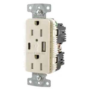 HUBBELL WIRING DEVICE-KELLEMS USB15AC5LA Usb Receptacle, 15A 125V, 2-P 3-W Grounding, 5-15R, One 5A C Usb And A Port, La | BD4JNU