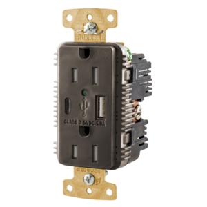 HUBBELL WIRING DEVICE-KELLEMS USB15AC5WR Usb Receptacle, 15A/125V, Type A & C Usb Ports, Brown | CE6QLV