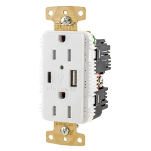 HUBBELL WIRING DEVICE-KELLEMS USB15AC5WWR Usb Receptacle, 15A/125V, Type A & C Usb Ports, White | CE6QLW