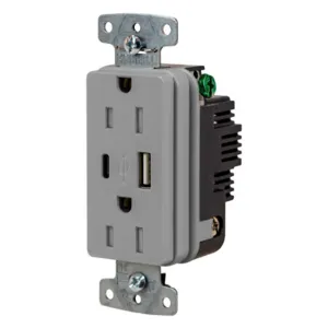 HUBBELL WIRING DEVICE-KELLEMS USB15ACGY Usb Receptacle, 15A 125V, 2-P 3-W Grounding, 5-15R, Two 3.1 A Usb Port, Brown | CE6QLY