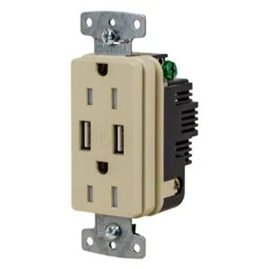 HUBBELL WIRING DEVICE-KELLEMS USB15AI Usb Receptacle, 15A 125V, 2-P 3-W Grounding, 5-15R, Two 3.1 A Usb Port, Brown | CE6QMD