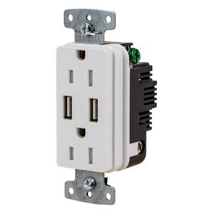 HUBBELL WIRING DEVICE-KELLEMS USB15AW Usb Receptacle, 15A 125V, 2-P 3-W Grounding, 5-15R, Two 3.1 A Usb Port, Brown | CE6QMF