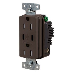 HUBBELL WIRING DEVICE-KELLEMS USB15C Usb Receptacle, 15A 125V, 2-P 3-W Grounding, 5-15R, Two 3.1 A Usb Port, Brown | CE6QMG
