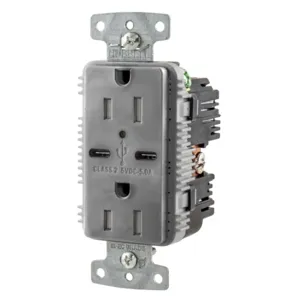 HUBBELL WIRING DEVICE-KELLEMS USB15C5GY USB Charger Receptacle, Commercial, Decorator Duplex, Flush Mount, 15A | BD4JNV 437K84