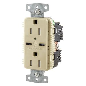 HUBBELL WIRING DEVICE-KELLEMS USB15C5I USB Charger Receptacle, Commercial, Decorator Duplex, Flush Mount, 15A | BD3URK 437K82