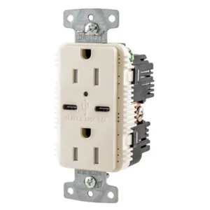 HUBBELL WIRING DEVICE-KELLEMS USB15C5LA Usb Receptacle, 15A 125V, 2-P 3-W Grounding, 5-15R, Two 5A C Usb Port, La | BD3QZX