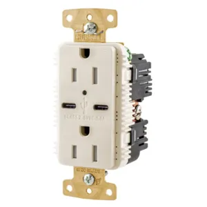 HUBBELL WIRING DEVICE-KELLEMS USB15C5LAWR Usb Receptacle, 15A/125V, Type C Usb Port, La | CE6QML