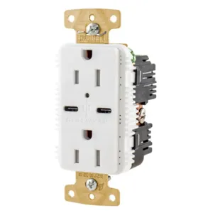 HUBBELL WIRING DEVICE-KELLEMS USB15C5WWR Usb Receptacle, 15A/125V, Type C Usb Port, White | CE6QMN