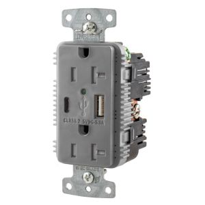 HUBBELL WIRING DEVICE-KELLEMS USB20AC5GY USB Charger Receptacle, Commercial, Decorator Duplex, Flush Mount, 20A | BD4CJE 437K66