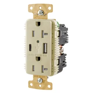 HUBBELL WIRING DEVICE-KELLEMS USB20AC5IWR Usb Receptacle, 20A/125V, Type A & C Usb Ports, Ivory | CE6QNA