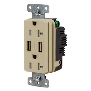 HUBBELL WIRING DEVICE-KELLEMS USB20AI Usb Receptacle, 20A 125V, 2-P 3-W Grounding, 5-20R, Two 3.1 A Usb Port, Brown | CE6QNL