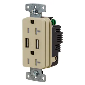 HUBBELL WIRING DEVICE-KELLEMS USB20AI Usb Receptacle, 20A 125V, 2-P 3-W Grounding, 5-20R, Two 3.1 A Usb Port, Brown | CE6QNL