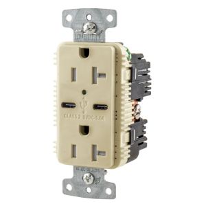 HUBBELL WIRING DEVICE-KELLEMS USB20C5I USB Charger Receptacle, Commercial, Decorator Duplex, Flush Mount, 20A | BD4PKR 437K88
