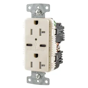 HUBBELL WIRING DEVICE-KELLEMS USB20C5LA Usb Receptacle, 20A 125V, 2-P 3-W Grounding, 5-20R, Two 5A C Usb Port, La | BD4EYC