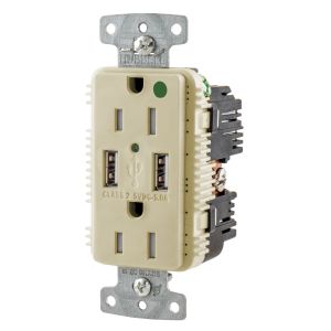 HUBBELL WIRING DEVICE-KELLEMS USB8200A5I Usb Charger Duplex Receptacle, 15A, 125V, 2-Pole, 3-Wire Grounding, Ivory | CD2NEH 437K49