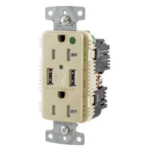 HUBBELL WIRING DEVICE-KELLEMS USB8300A5I Usb Charger Duplex Receptacle, 20A, 125V, 2-Pole, 3-Wire Grounding, Ivory | CD2NEJ 437K55