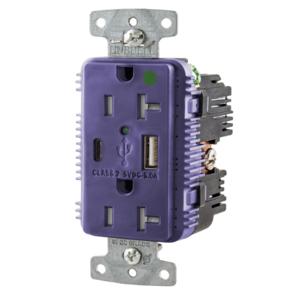 HUBBELL WIRING DEVICE-KELLEMS USB8300AC5P Usb Charger Duplex Receptacle, 20A, 125V, 2-Pole, Purple | CE6RCL