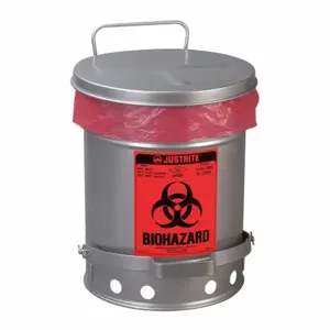 JUSTRITE 05914 Biohazard Waste Can, Foot Operated, Self Closing, 6 Gallon, Silver | AA4ZTH 13M335