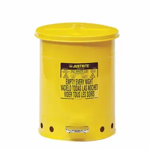 JUSTRITE 09301 Oily Waste Can, Foot Operated, 37.85L, 354mm Dia., 464mm Length, Yellow | AC3EUF JCN09301YL, 9301