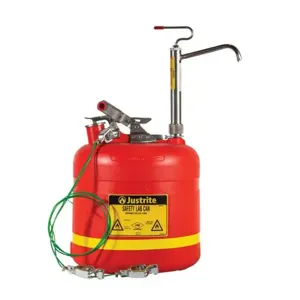 JUSTRITE 14586 Plastic Safety Can With Stainless Steel Piston Pump, 5 Gallon, Red | CH6GCE