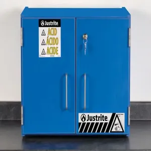 JUSTRITE 24120 Acid Cabinet, 18.5 x 24 x 16 Inch Size, 2 Doors, Countertop, 6 Bottles, Wood, Blue | CD8CEH JCB24120BU