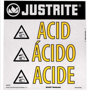 JUSTRITE 29008 Acid Warning Label, 5-1/2 Inch Height x 4-3/4 Inch Width | AA4ZWZ 13M428