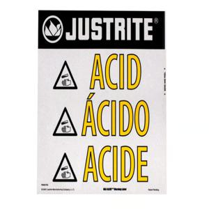 JUSTRITE 29008 Acid Warning Label, 5-1/2 Inch Height x 4-3/4 Inch Width | AA4ZWZ 13M428