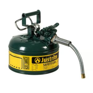 JUSTRITE 7210420 Safety Can, 5/8 Inch Metal Hose, Type II, 10-1/2 Inch Height, Green | AD2DTU 3NKK5