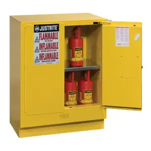 JUSTRITE 892320 Flammable Safety Cabinet, 2 Door Self Close, 83L, 889 x 889 x 559mm Size, Yellow | AB4LEK JCB8923201, 8923201