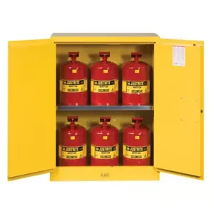 JUSTRITE 8930008 Flammable Safety Cabinet With Cans 30 Gallon, 2 Doors, Manual Close, Yellow | CD8CTP