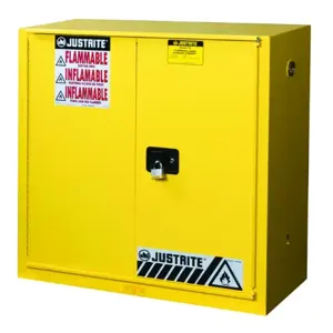 JUSTRITE 893090 Paint Safety Cabinet, 40 Gallon, 3 Shelves, 1 Bi-Fold Self-Close Door, Yellow | CD8CUL