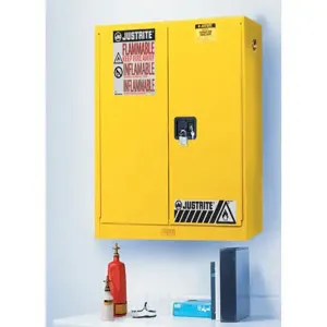 JUSTRITE 893400 Flammable Safety Cabinet, Wall-Mount, 20 Gallon, 3 Shelves, 2 Doors, Manual Close, Yellow | CD8CUR JCB8934001, 8934001