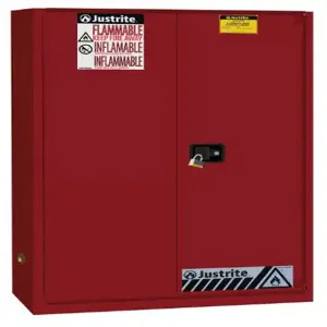 JUSTRITE 894581 Flammable Safety Cabinet, 45 Gallon, 2 Shelves, 1 Bi-Fold Self Close Door, Red | CD8CVD