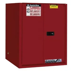 JUSTRITE 896081 Flammable Safety Cabinet, 2 Shelves, 1 Bi-Fold Self Close Door, 60 Gallon, Red | CD8CWQ