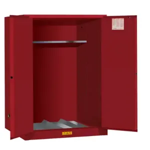 JUSTRITE 896201 Vertical Drum Cabinet, 1 Drum Vertical, 1 Shelf, 2 Doors, Manual Close, 55 Gallon, Red | CD8CWU